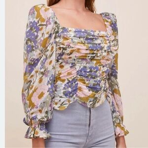 ASTR The Label Floral Blouse with Square Neckline & Ruching Details